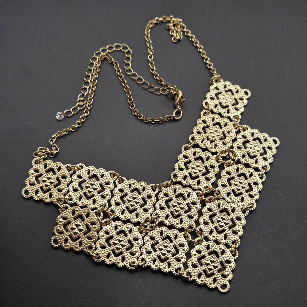 Lacy Style Bib Statement Necklace Gold Toned Metal Connecting Panels Collar